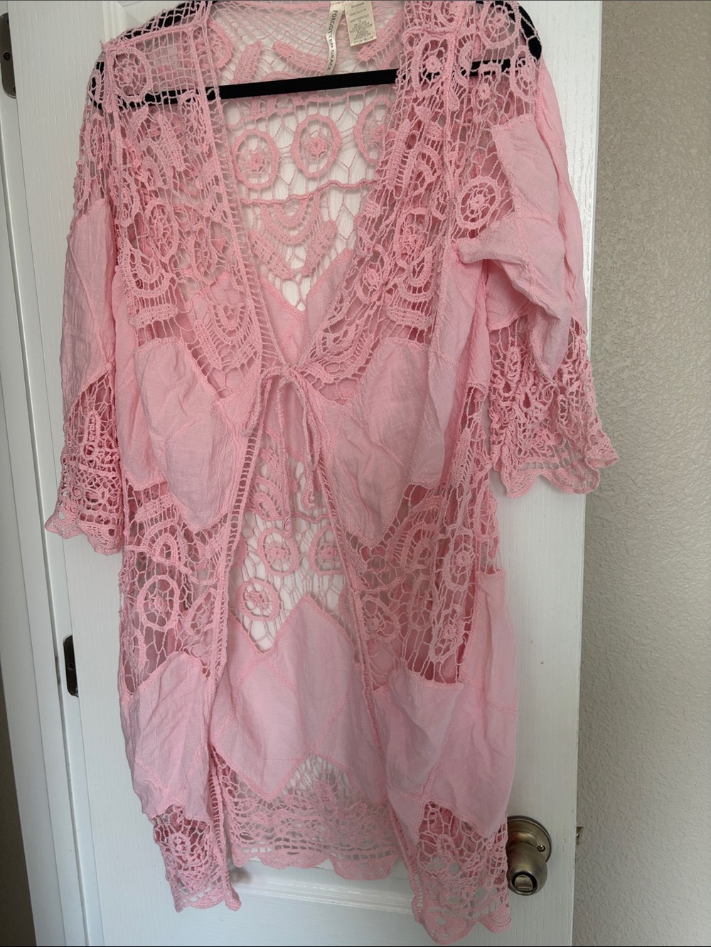 Beachy Light-Pink Crochet Boho Oversize lightweight cardigan duster coverup l/xl